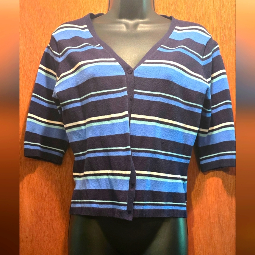 Guess navy stripped 3/4 sleeve button front cardigan szL